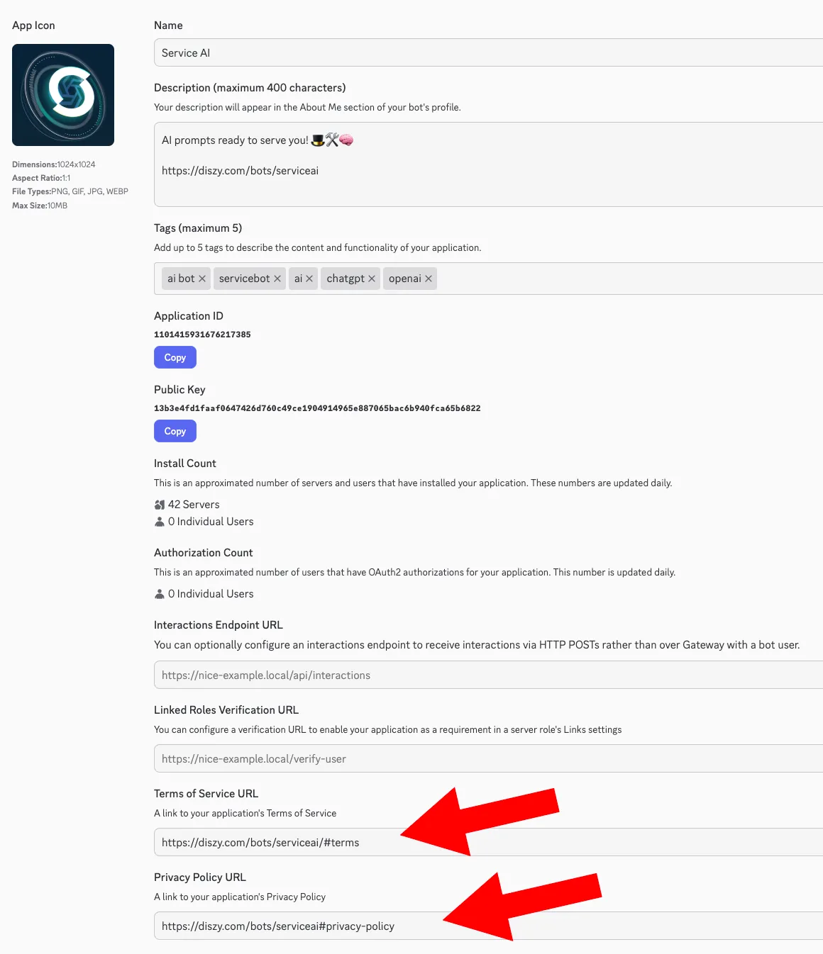 Discord Developer Portal - Terms and Privacy Policy Fields